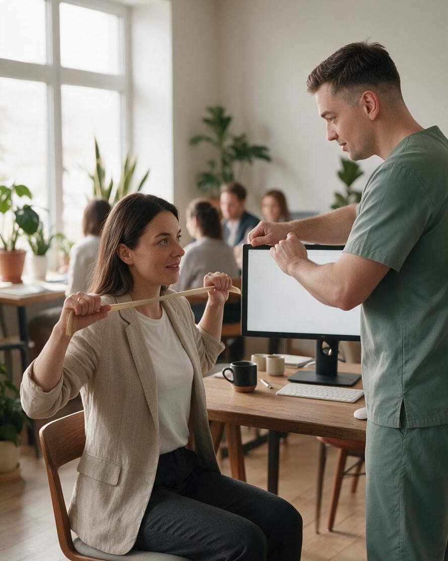 Fizjoterapeuta ustawia monitor, pracownica wykonuje ćwiczenie z gumą przy biurku
