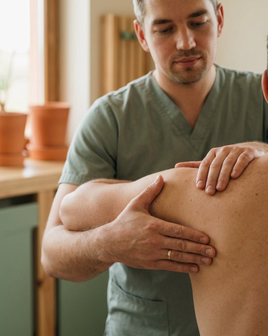 Fizjoterapeuta pracuje dłońmi na barku i łopatce pacjenta