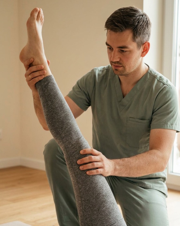 Fizjoterapeuta prowadzi uniesienie wyprostowanej nogi na macie — test i trening zakresu ruchu