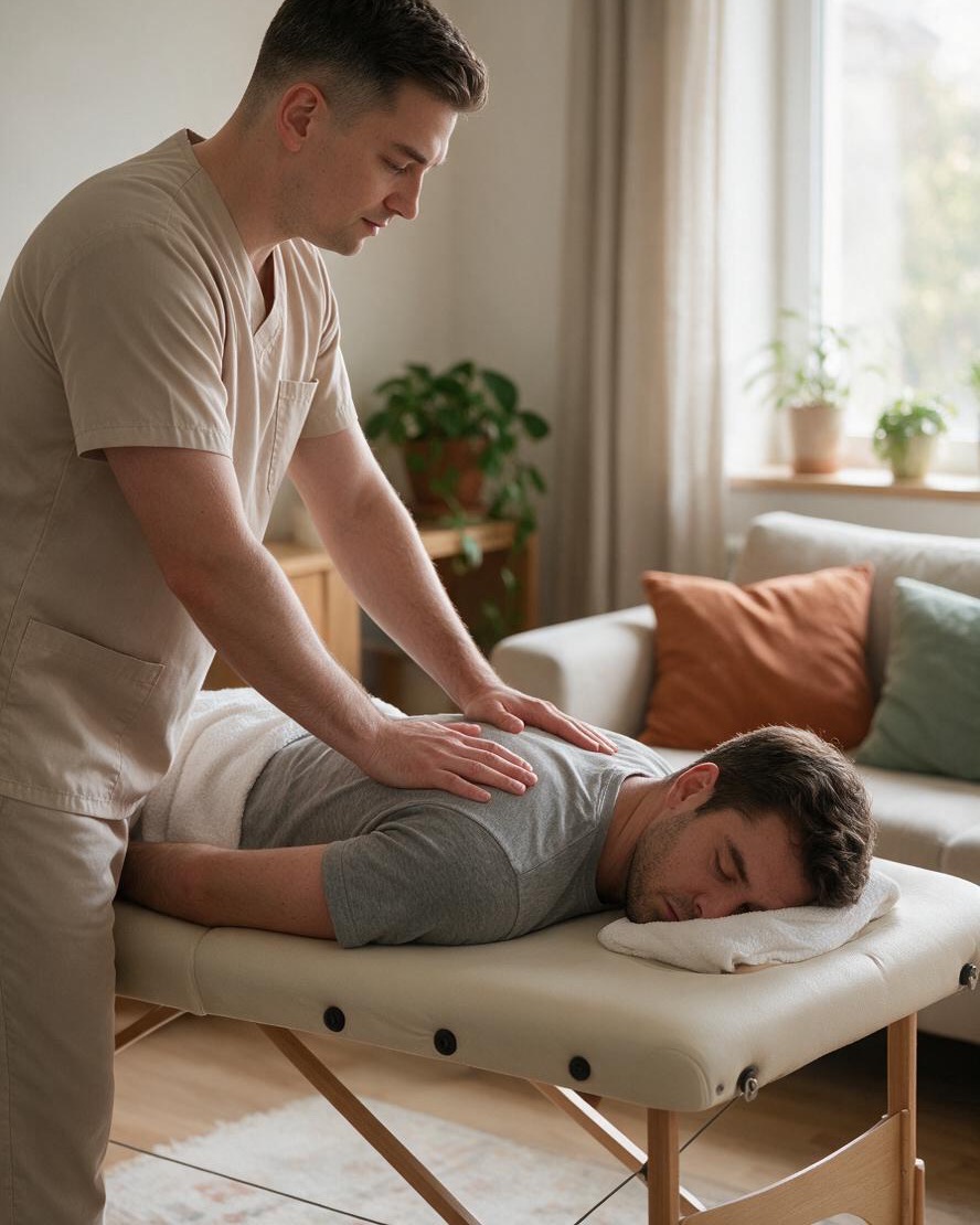 Terapia manualna okolicy łopatki; pacjent leży na brzuchu na składanym stole w salonie